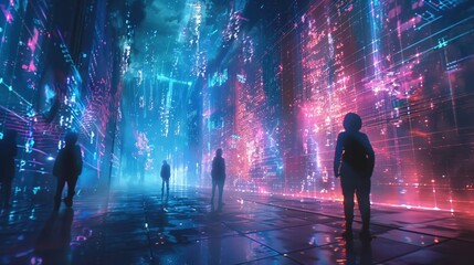 Craft an imaginative artwork featuring humanoid avatars interacting in a virtual realm, observed from the ground up Depict floating data streams, holographic interfaces, and a sense of unreality 