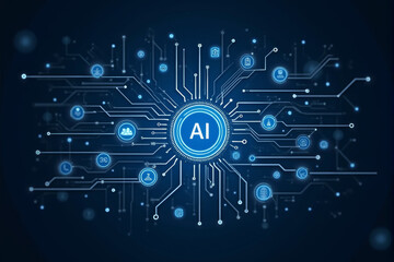 A glowing AI circuit board, with intricate designs representing neural networks, illuminated in green and blue tones against a dark, high-tech background.