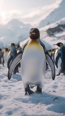 Majestic Emperor Penguin waddling in Antarctic snow, a cold portrait in nature, Generated AI