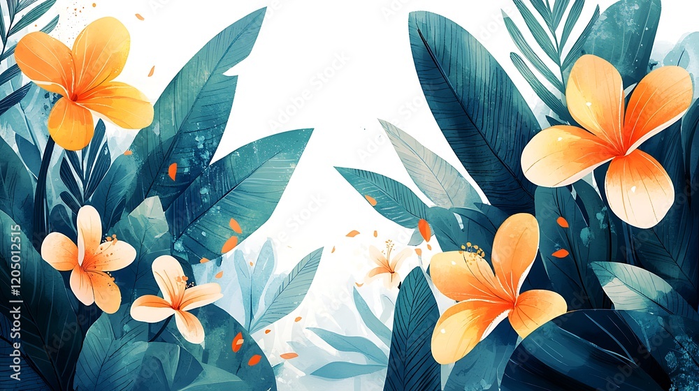 Wall mural Vibrant Tropical Flowers and Teal Leaves Watercolor Illustration.