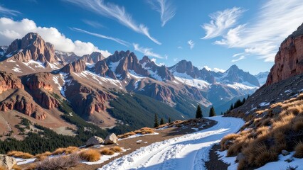 A pristine snow-draped mountain range stretches diagonally across the sky. A dirt path with tire tracks cuts through the snowy foreground, inviting exploration amidst the majestic peaks