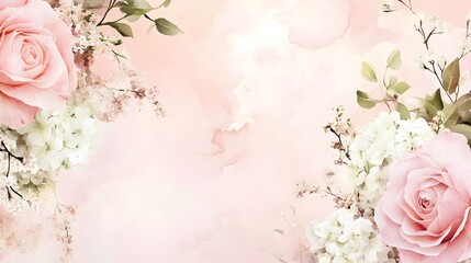 Delicate Pink Roses and White Hydrangeas Watercolor Art
