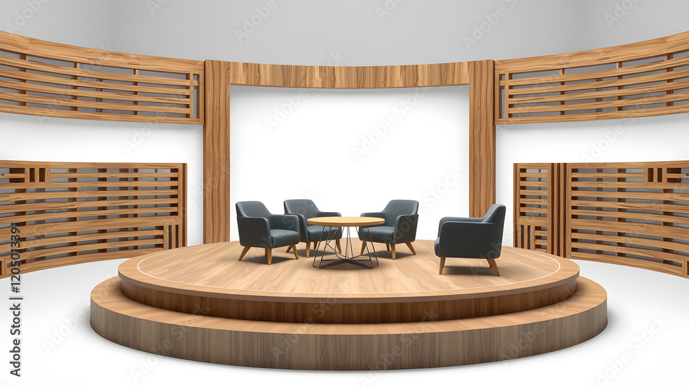 Poster a 3d rendering of a virtual talk show set up on a circular stage, with three chairs prepared for an 