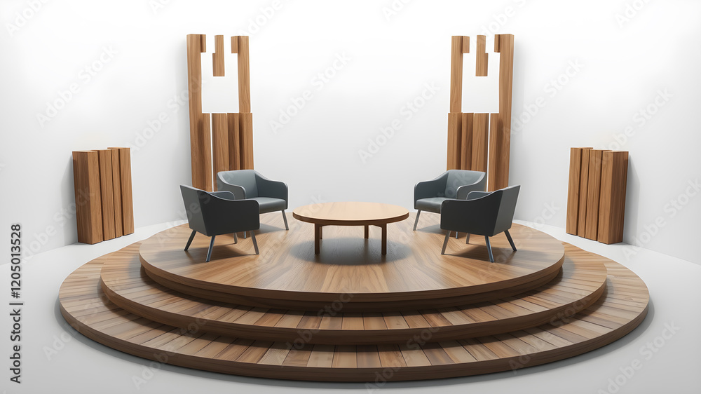 Poster a 3d rendering of a virtual talk show set up on a circular stage, with three chairs prepared for an 