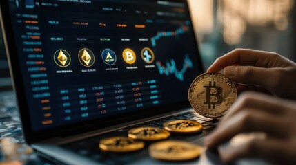 A person analyzing cryptocurrency trends and investment opportunities on a laptop.