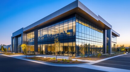 A corporate office building with sleek modern design and glass windows.