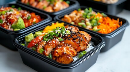 A stack of freshly prepared bento boxes ready for delivery, perfect for meal prep and fitness lifestyles