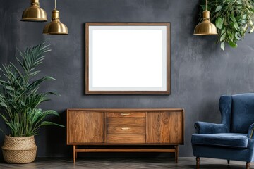 Empty frame mockup above mid-century modern sideboard and armchair.