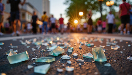 Shattered glass reflecting sunlight on pavement, social unrest theme