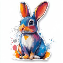 Obraz premium Colorful watercolor-style bunny sticker illustration with a cute and playful design, perfect for Easter decorations or children's projects