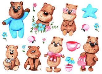 Set of Watercolor cute baby girl and boy bear