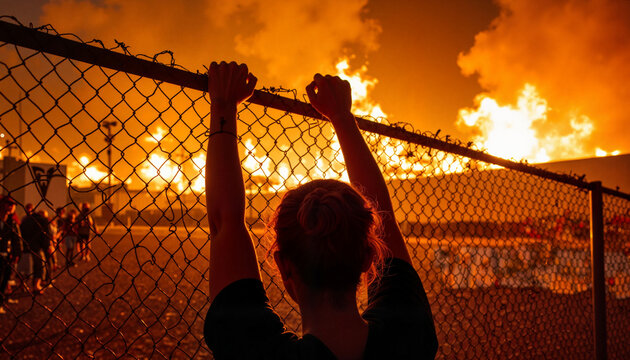 Protester gripping chain-link fence against fiery sky, rising tension