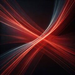An abstract composition featuring glowing red light beams crossing diagonally over a deep black background. The beams are soft and semi-transparent, with smooth gradients that blend seamlessly into th