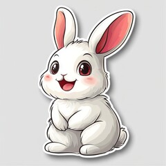 Fototapeta premium Adorable cartoon white rabbit sticker with pink ears, rosy cheeks and a happy face posing playfully against a simple gray background