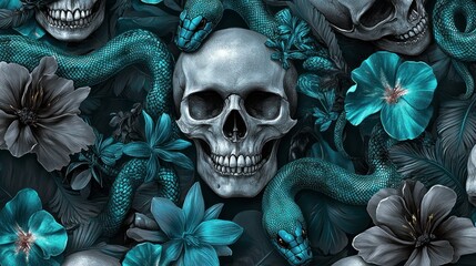 A dark, elegant pattern of detailed grey skulls paired with turquoise snakes and flowers, creating a balance of edginess and beauty