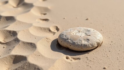A serene light-brown sand dune cradles a whimsical, round "sand bagel," etched with tiny holes. Soft shadows dance across its surface, inviting mystery and tranquility into this natural masterpiece