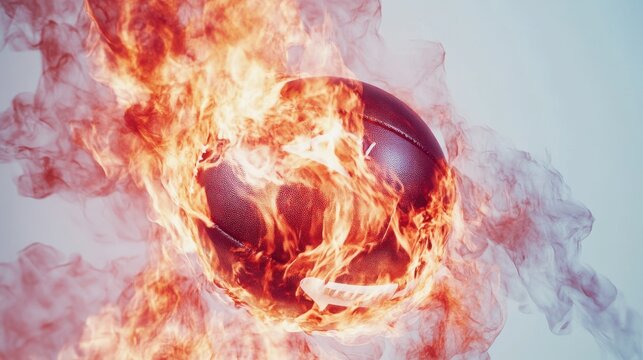american footbal lball with bright flame flying on white background