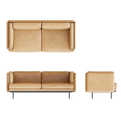Sofa 3D Rendering Stock Illustration on transparent background, top view, side view and front view.