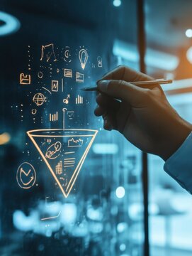 A marketer drawing a diagram of a sales funnel on a glass wall, symbolizing the process of converting leads into customers in client-centric marketing