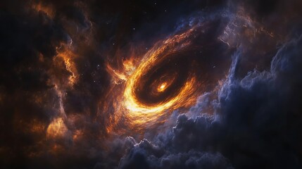 A supermassive black hole surrounded by swirling clouds of gas and dust, creating a colorful and dynamic cosmic environment