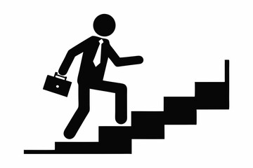 Businessman climbing stairs silhouette on white background. icon of a man on the stairs. Man on stairs going up icon on grey background. Success symbol. Promotion vector.


