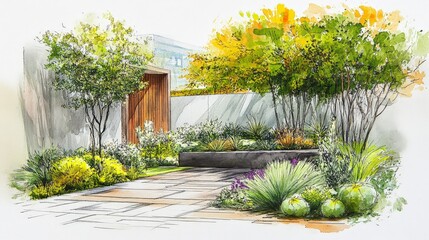 Serene Garden Design with Lush Foliage and Vibrant Colors