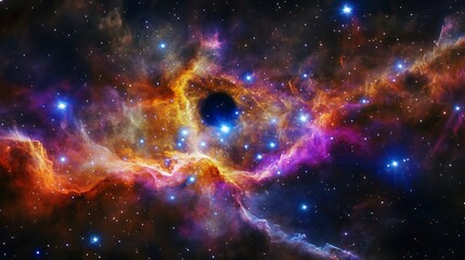 A stunning cosmic scene of a supermassive black hole surrounded by vibrant nebulae and star clusters in deep space