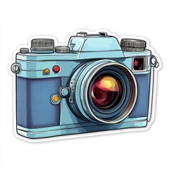 Vintage Style Camera Illustration with a retro design in blue color, highlighting lens details and a classic photographic equipment aesthetic