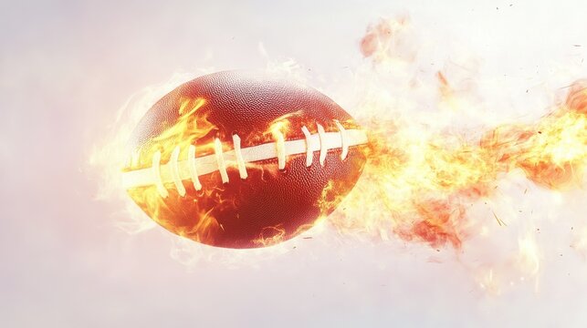 american footbal lball with bright flame flying on white background