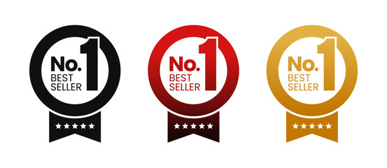 Number 1 best seller vector circle badges with ribbon. Simple flat gradient labels. For icon, logo, sign, seal, symbol, stamp, sticker. Vector illustration