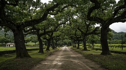 Obraz premium Vineyard lane, tree arch, rural road, hillside, tranquility