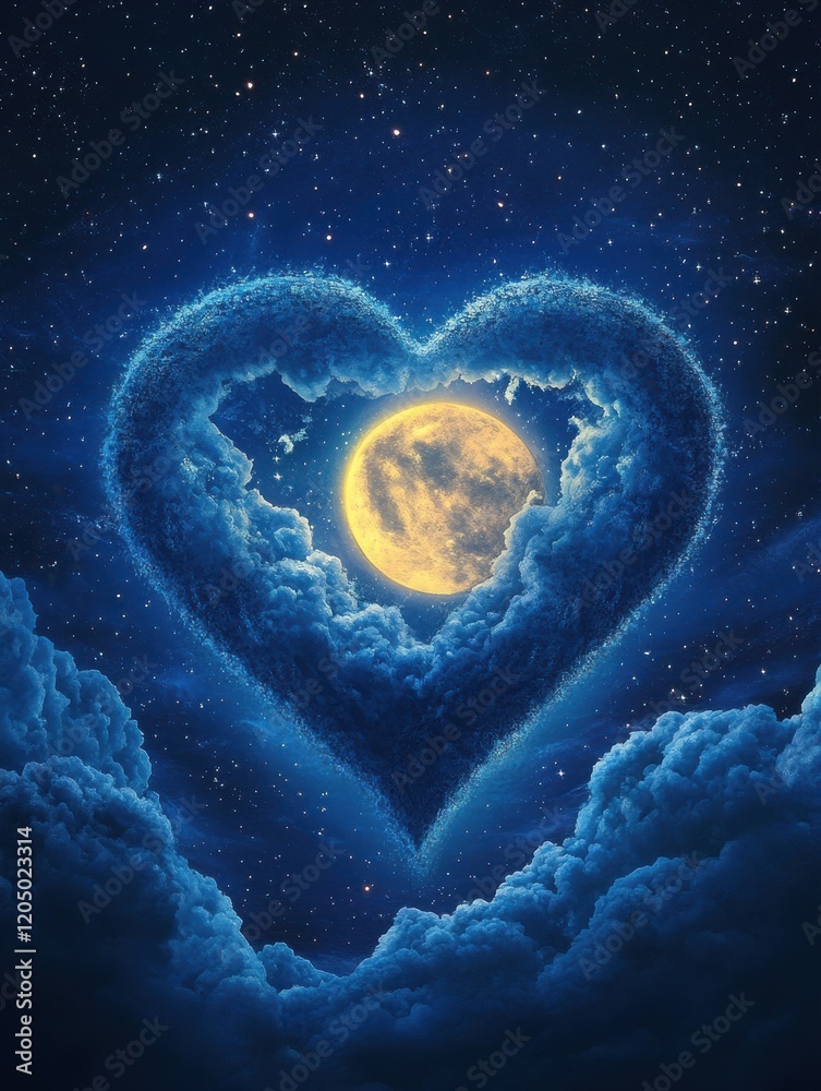 Wall mural artistic heart shape with moon and stars in a dreamy night sky, mystical illustration