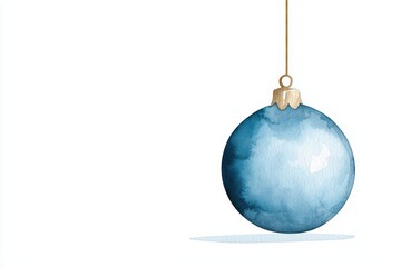 Elegant Blue Watercolor Christmas Ornament Hanging on White Background