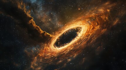 A depiction of a supermassive black hole in deep space, with swirling cosmic dust and stars creating a dynamic and colorful scene