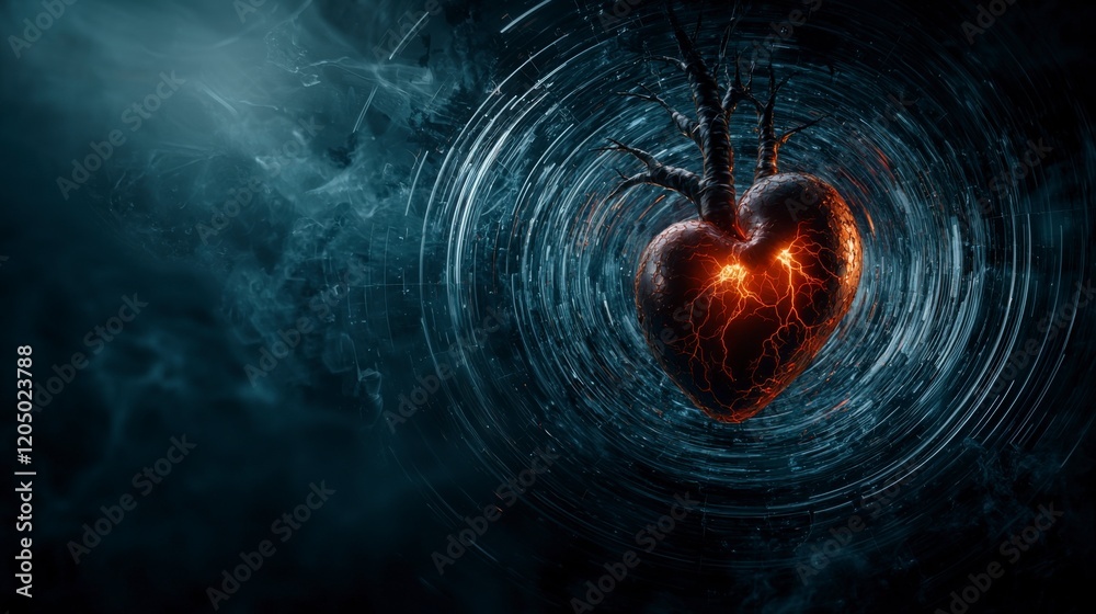 Poster Pulsing heart circles expanding in dark atmosphere digital art abstract surreal dynamic concept