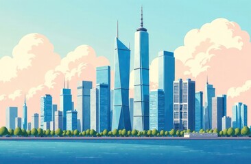 Obraz premium Illustration of business district skyline.skyscraper buildings. Modern architecture of downtown. Panorama background