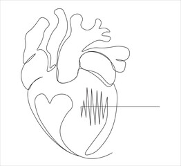 One continuous line drawing of human heart organ. single line of human heart concept illustration.  editable outline