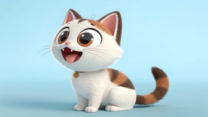 Fototapeta premium A cute cartoon-style cat with white and brown fur, sitting happily with its tongue out and an expressive, joyful face.