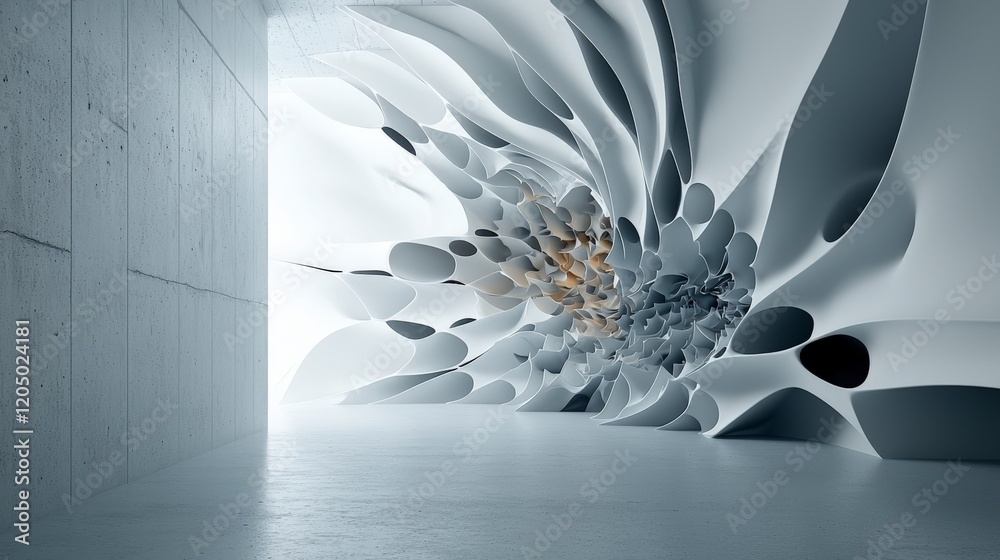 Poster dynamic shapes expanding in a modern space abstract art installation minimalist environment creative