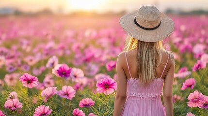 Woman in pink dress gazing at sunset cosmos field.