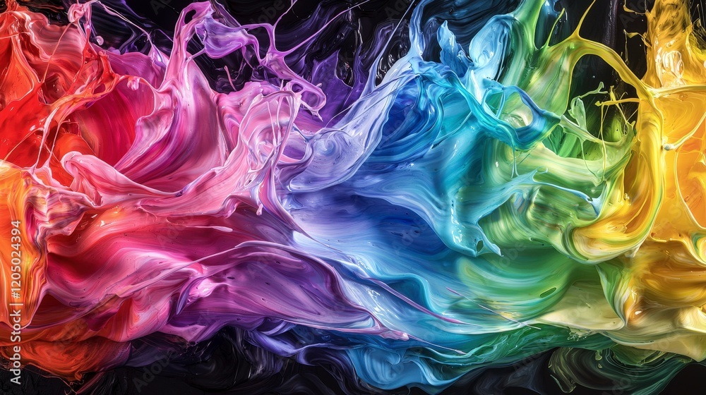 Poster dynamic rainbow acrylic pour art studio setting abstract painting vibrant colors close-up blending t
