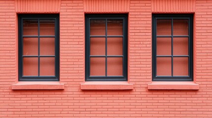 Three Symmetrical Windows on a Vibrant Red Brick Wall