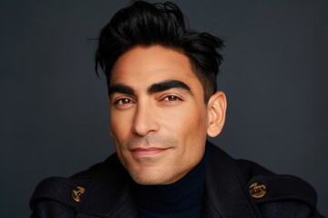 Obraz premium A confident man with styled hair poses against a neutral background, exuding charm and charisma.