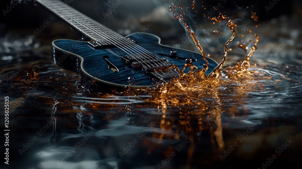 Aufkleber Guitar string vibrations create rippling water effects studio setting high-quality image artistic viewpoint sound concept