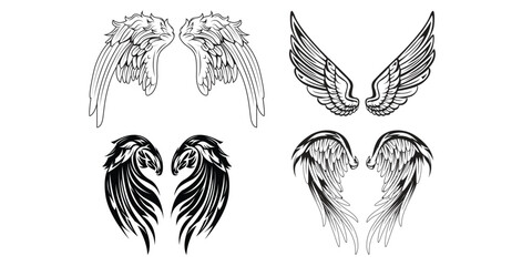 Tattoo wings icons black white classic handdrawn