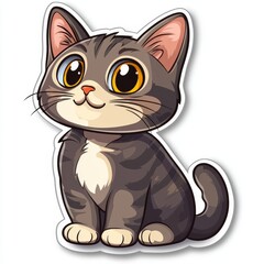 Obraz premium Adorable gray tabby cat sticker with big golden eyes and a sweet smile sitting patiently on white background