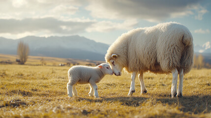 Fototapeta premium Sheep mother feeding her lamb in an open pasture