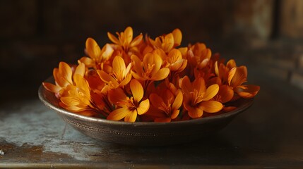 Orange Crocus Flowers in Antique Bowl