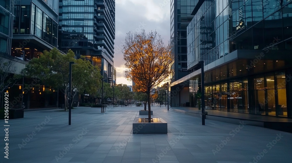 Aufkleber Urban serenity lively tree amidst modern architecture in downtown cityscape evening view with clean lines