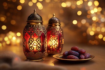Decorative lanterns with glowing candles and a plate of dates on a wooden table against a golden bokeh background. Ramadan and Eid celebration. Islamic traditions and fasting concept